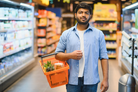Young Indian man carrying a basket filled with groceries while shopping in a bright and organized supermarket, enjoying his retail experienceの写真素材