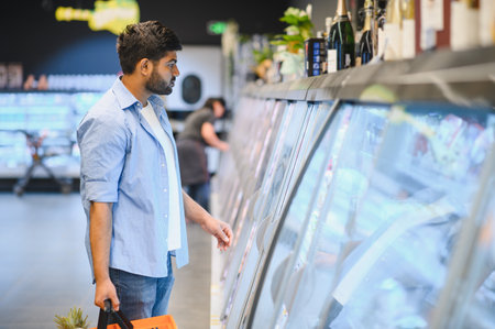 Young Indian man shopping for groceries, choosing frozen food from a refrigerated display in a supermarketの写真素材