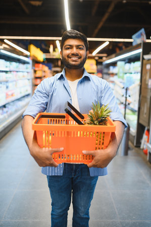 Young Indian man carrying a shopping basket with a pineapple, smiling while shopping for groceries in a supermarketの写真素材