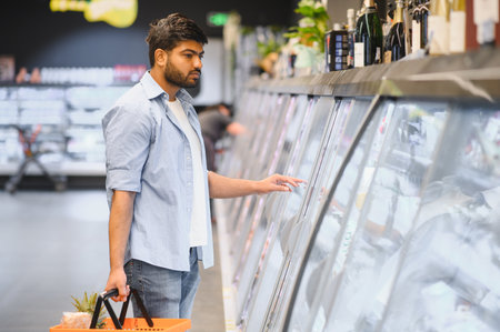 Customer selecting groceries from refrigerated section in grocery store, holding shopping basket with pineappleの写真素材