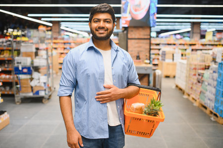 Young Indian man carrying a shopping basket with groceries while walking through a supermarket aisle