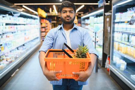 Young Indian man holding an orange shopping basket containing a pineapple, standing in the aisle of a grocery storeの写真素材