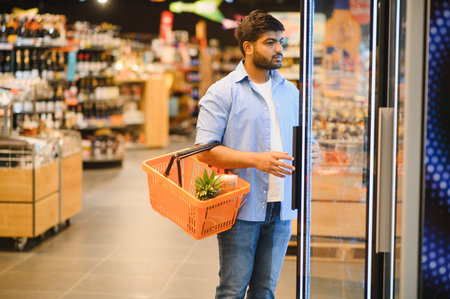 Customer opening a refrigerated section in a supermarket, holding a shopping basket filled with a fresh pineapple while selecting itemsの写真素材