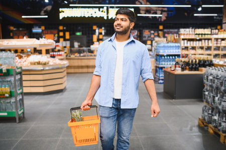 Young Indian man carrying shopping basket with pineapple while walking through grocery store, enjoying his shopping experienceの写真素材