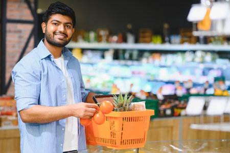 Customer selecting fresh tomatoes, ripe pineapple, and crusty bread while shopping in a bustling supermarket aisle filled with various productsの写真素材