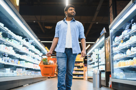 Happy Indian customer carrying shopping basket while walking between shelves and choosing groceries in supermarket, doing daily shoppingの写真素材