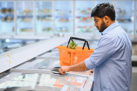 Young Indian man shopping for groceries, opening a freezer in supermarket, holding a shopping basket with a pineappleの写真素材