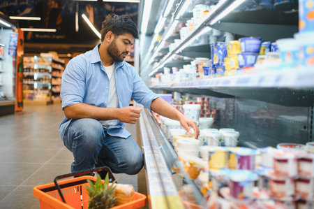 Concentrated young Indian man crouching and choosing dairy products from refrigerated shelf in a supermarketの写真素材