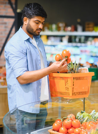Young Indian man selecting ripe tomatoes while shopping at a grocery store, enjoying the vibrant produce and healthy options availableの写真素材