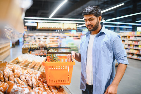 Young Indian man selecting fresh produce while holding a shopping basket containing a pineapple in a vibrant grocery store aisleの写真素材