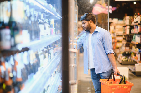 Young Indian man shopping for groceries, holding a basket and choosing products in the refrigerated section of a supermarketの写真素材