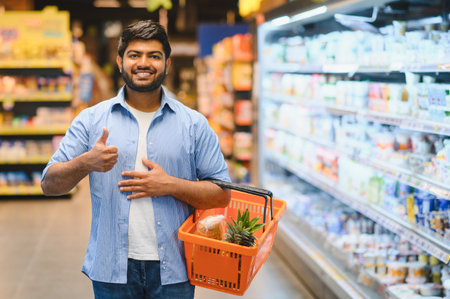 Happy customer showing thumbs up while holding a shopping basket with groceries, satisfied with his purchases in a modern supermarketの写真素材