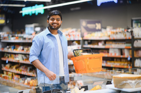 Smiling indian customer holding an orange shopping basket while selecting fresh groceries in a bright, modern grocery storeの写真素材
