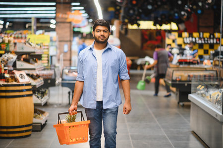 Young Indian man carrying a bright orange shopping basket, walking through a clean, modern supermarket aisle filled with fresh produceの写真素材