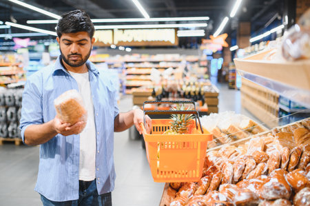 Young man selecting bread from a wide variety of baked goods in a brightly lit supermarket, holding a shopping basket with a pineappleの写真素材