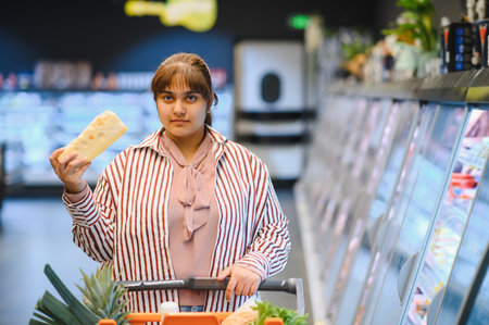 Young Indian woman displaying a piece of cheese while shopping for groceries in a bustling supermarket aisle, enjoying a healthy lifestyleの写真素材