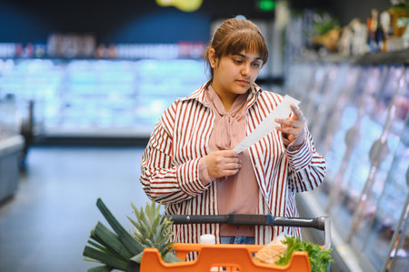 Young Indian woman checking her grocery receipt while shopping in a supermarket, managing her expenses and budgetの写真素材