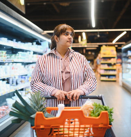 Young Indian woman pushing a shopping cart while selecting fresh food in a bustling grocery store aisle, enjoying her shopping experienceの写真素材
