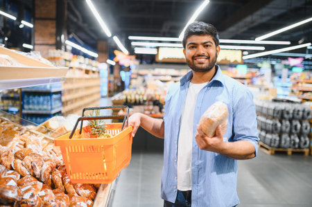 Smiling Indian customer is choosing a loaf of bread from the shelf in a grocery store, holding a basket with a pineappleの写真素材