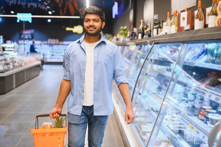 Customer choosing food from refrigerated shelves, holding shopping basket with pineapple and bread, walking through grocery storeの写真素材