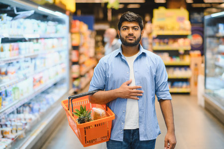 Indian customer carrying basket with pineapple and bread, shopping for groceries in a supermarketの写真素材