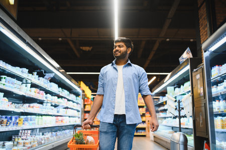 Young Indian man walking through supermarket aisle carrying shopping basket with few items, smiling and looking aroundの写真素材