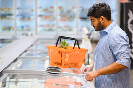 Young Indian man shopping for groceries, opening freezer in supermarket aisle, holding basket with pineappleの写真素材