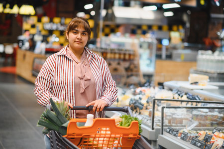 Young Indian woman pushing a shopping cart filled with fresh groceries while navigating through the aisles of a vibrant supermarketの写真素材