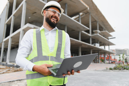 Male engineer wearing safety vest and hard hat, smiling while working with a laptop at a building construction siteの写真素材