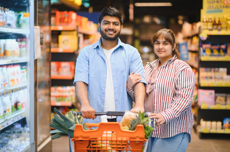 Happy Indian couple pushing a shopping cart filled with fresh produce, enjoying their time together in a bright, modern supermarket aisleの写真素材