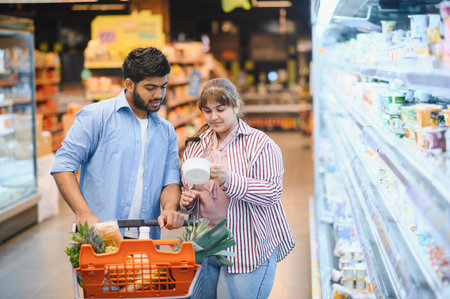 Indian couple shopping for groceries, pushing a shopping cart and choosing products in a supermarketの写真素材