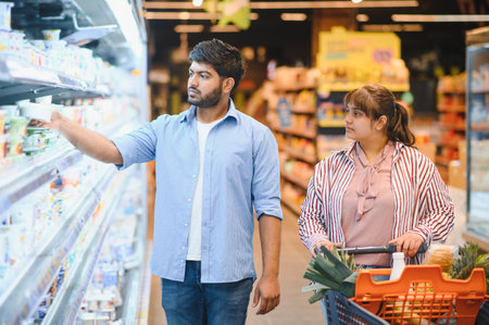 Indian couple shopping for groceries in a supermarket, choosing products from shelves and placing them in their cartの写真素材