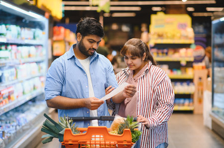 Young Indian couple checking their shopping list while selecting fresh groceries in a bright, organized supermarket aisleの写真素材