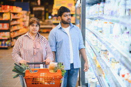 Indian couple pushing shopping cart and choosing dairy products in grocery store refrigerator sectionの写真素材