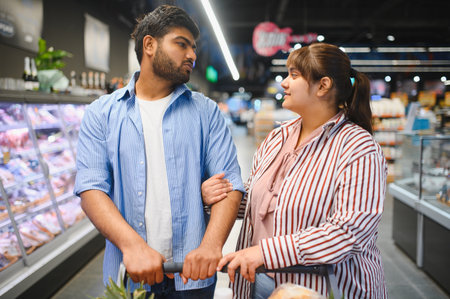 Indian couple pushing a shopping cart while selecting fresh food together in a grocery store, enjoying their time and relationshipの写真素材