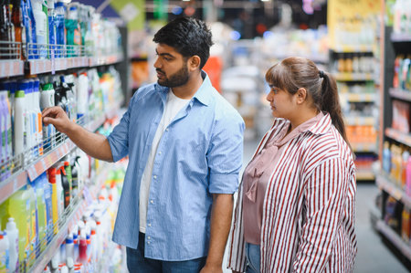 Indian couple selecting cleaning products in a supermarket, carefully reading the label on a bottle of detergent while discussing optionsの写真素材