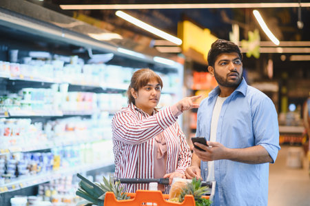 Indian couple choosing groceries in a supermarket, woman pointing at products while man holding a smartphone, possibly with a shopping listの写真素材