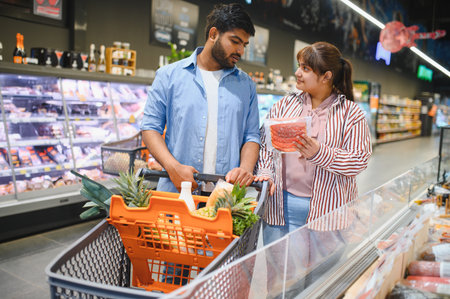 Young Indian couple pushing a shopping cart while selecting fresh meat products in a bright, clean grocery store aisleの写真素材