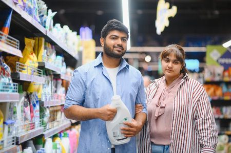 Young Indian couple selecting house cleaning products together in a household chemicals store, enjoying the shopping experience and making choicesの写真素材