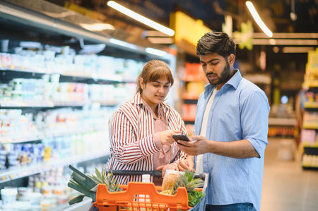 Indian couple checking their shopping list on a smartphone while selecting fresh groceries in a bustling supermarket aisleの写真素材