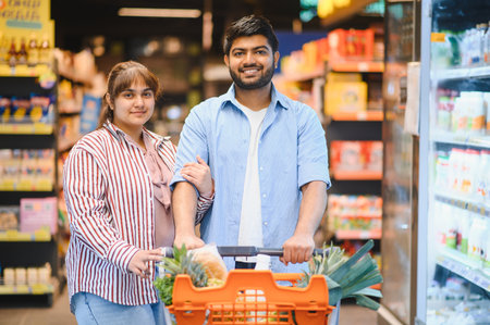 Happy Indian couple pushing a shopping cart filled with fresh produce in a bright supermarket, enjoying their time together while shoppingの写真素材