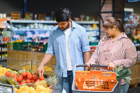 Indian couple shopping for fresh tomatoes and other produce in a grocery store, pushing a shopping cart and making healthy choicesの写真素材
