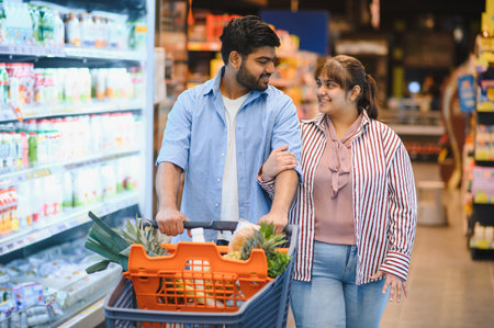 Young Indian couple pushing a shopping cart while buying groceries in a supermarketの写真素材