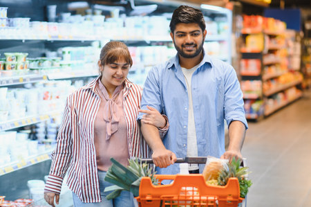 Young Indian couple pushing a shopping cart filled with groceries while enjoying their time together in a vibrant supermarket aisleの写真素材