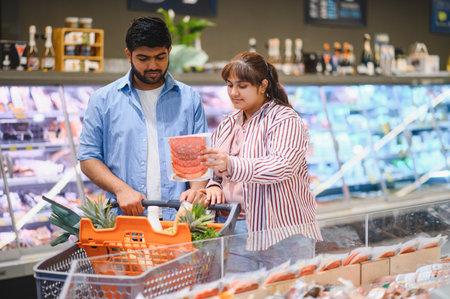 Young Indian couple shopping for groceries, examining packaged cold cuts in supermarket refrigerated...