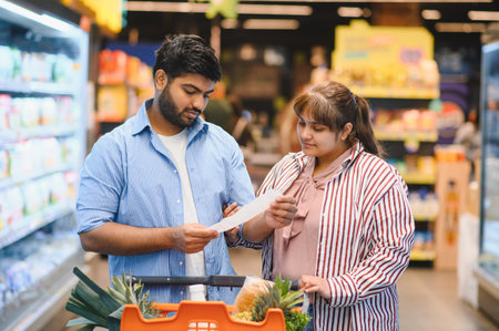 Young Indian couple examining their grocery receipt while shopping together in a bustling...