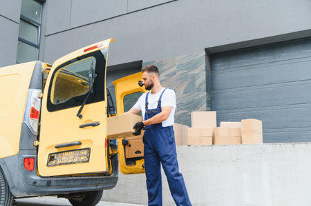 Courier unloading cardboard boxes from an open delivery van, efficiently distributing packages for...