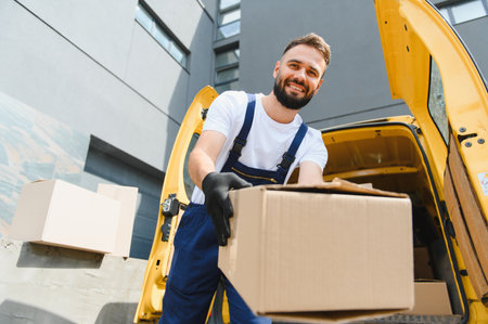 Delivery man wearing gloves, smiling while holding a cardboard box and unloading packages from a...