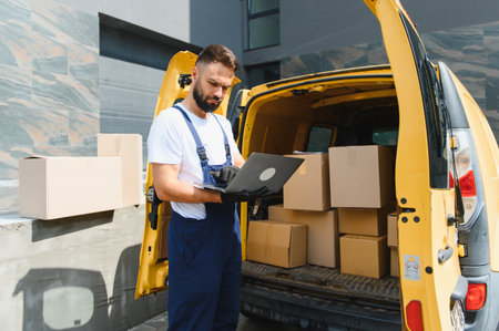 Delivery man using laptop next to yellow van full of cardboard boxes, managing shipping and...