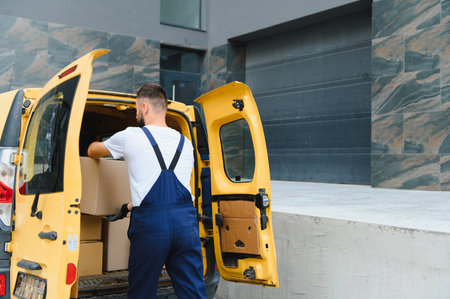 Courier loading cardboard boxes into a yellow delivery van, preparing for shipment and distribution